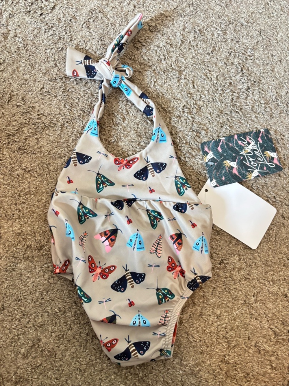 Kortni Jeane Beige Halter Swimsuit with Multicolor Butterfly Print